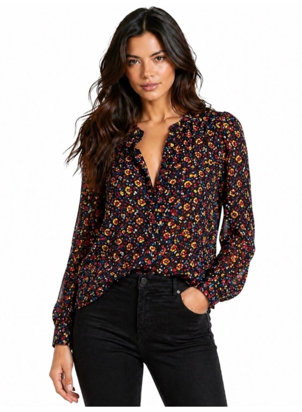 Sézane Heloise blouse in a black floral print with a tie neck detail Size